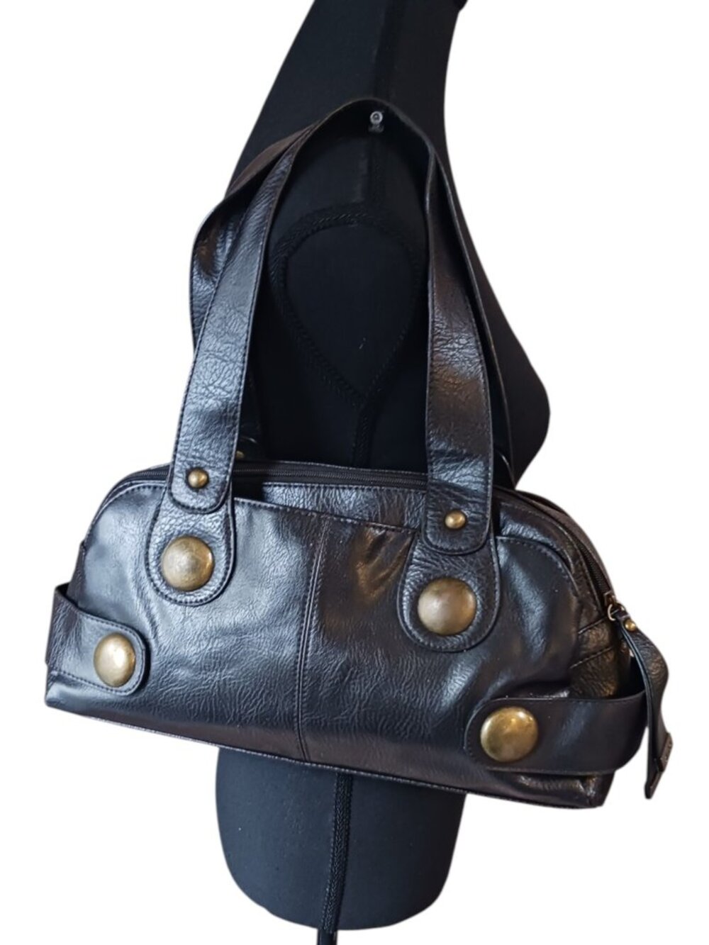 Aldo Black Leather Shoulder Bag with Brass-Tone Studs - Picture 7 of 13
